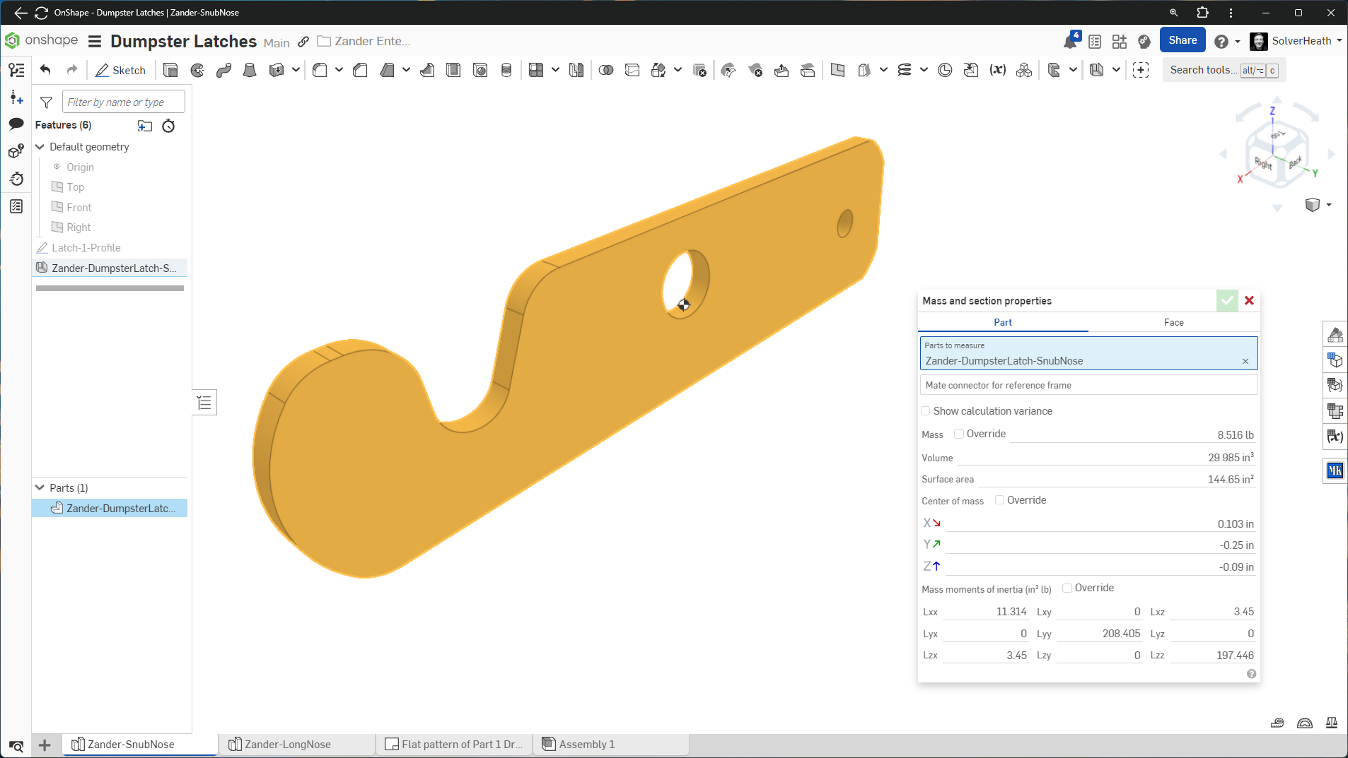 CAD screenshot of snub nose dumpster latch