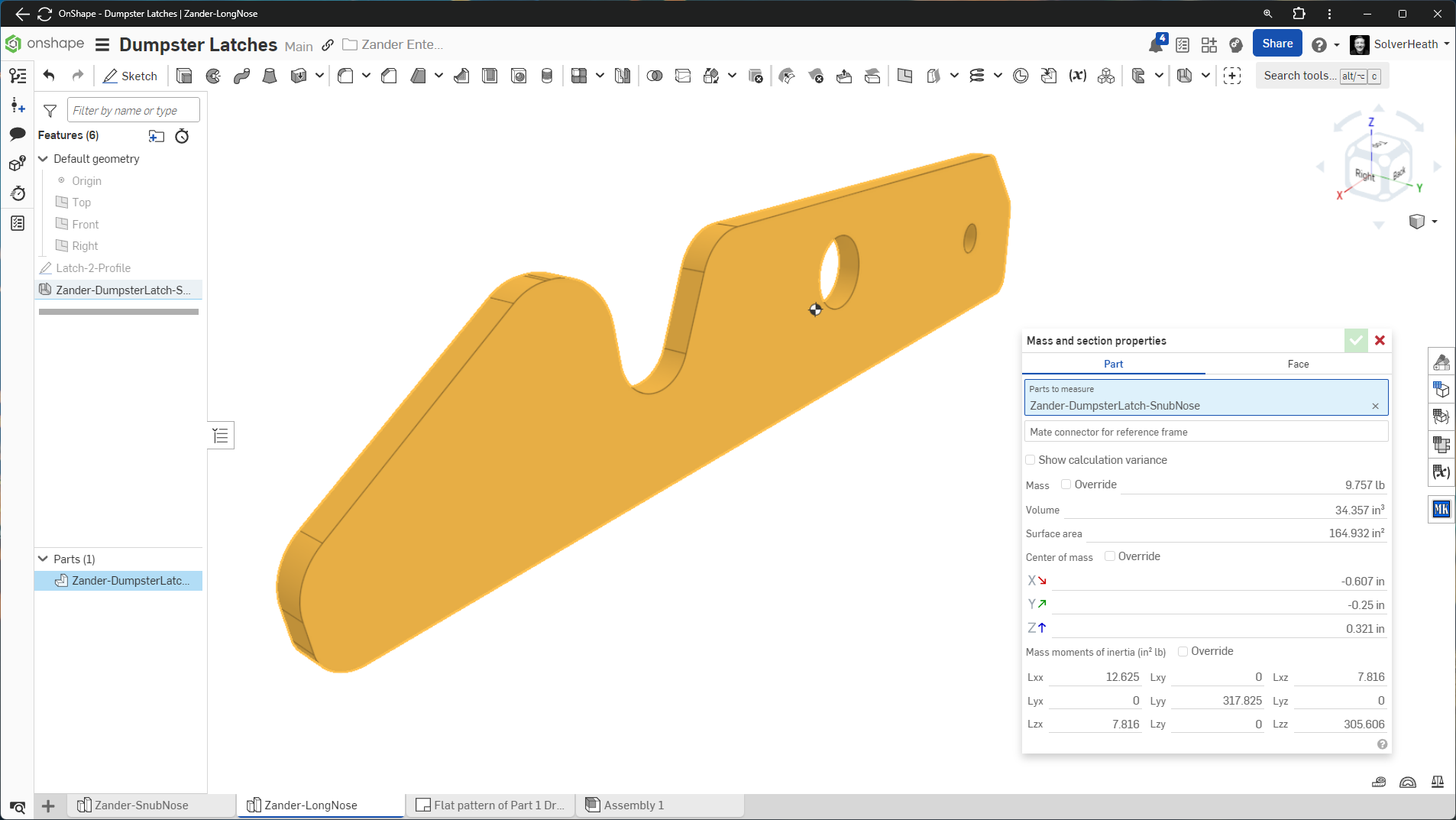 CAD screenshot of long nose dumpster latch